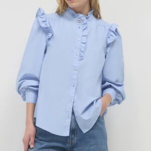 H&M Linen Blend Ruffle Trimmed Button Down Blouse